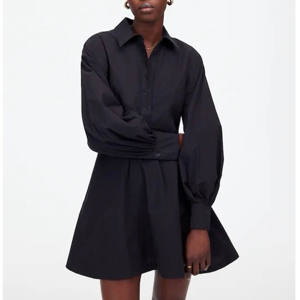 NWT Madewell Seamed Long-Sleeve Mini Shirtdress In Poplin Jet Black Size 6